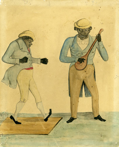 Watercolor of African American banjo player and dancer, first quarter 19th century. Artist and location unknown. 