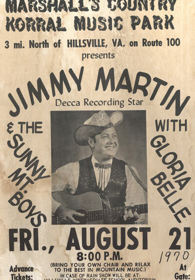 Promotional poster featuring Jimmy Martin & the Sunny Mt. Boys at a bluegrass concert near Hillsville, Virginia, 1970.
<br>
(Blue Ridge Heritage Archives, Ferrum College)