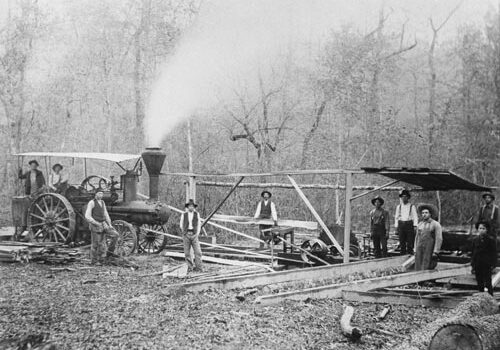 Sawmill powered by a steam engine, circa 1900.  Patrick County, Virginia. <br>
(Blue Ridge Heritage Archives, Ferrum College/Patrick County Bicentennial Collection)