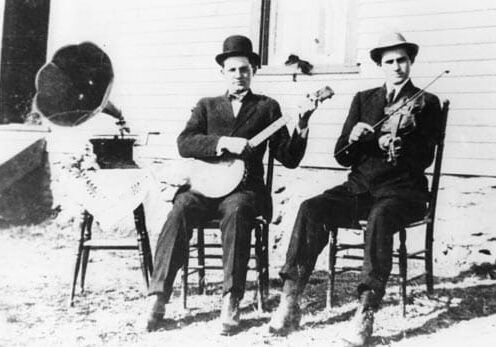 Unidentified banjo player and fiddler with phonograph machine, circa 1920s.  Franklin County, Virginia. <br>
(Blue Ridge Heritage Archives, Ferrum College/Franklin County Bicentennial Collection)